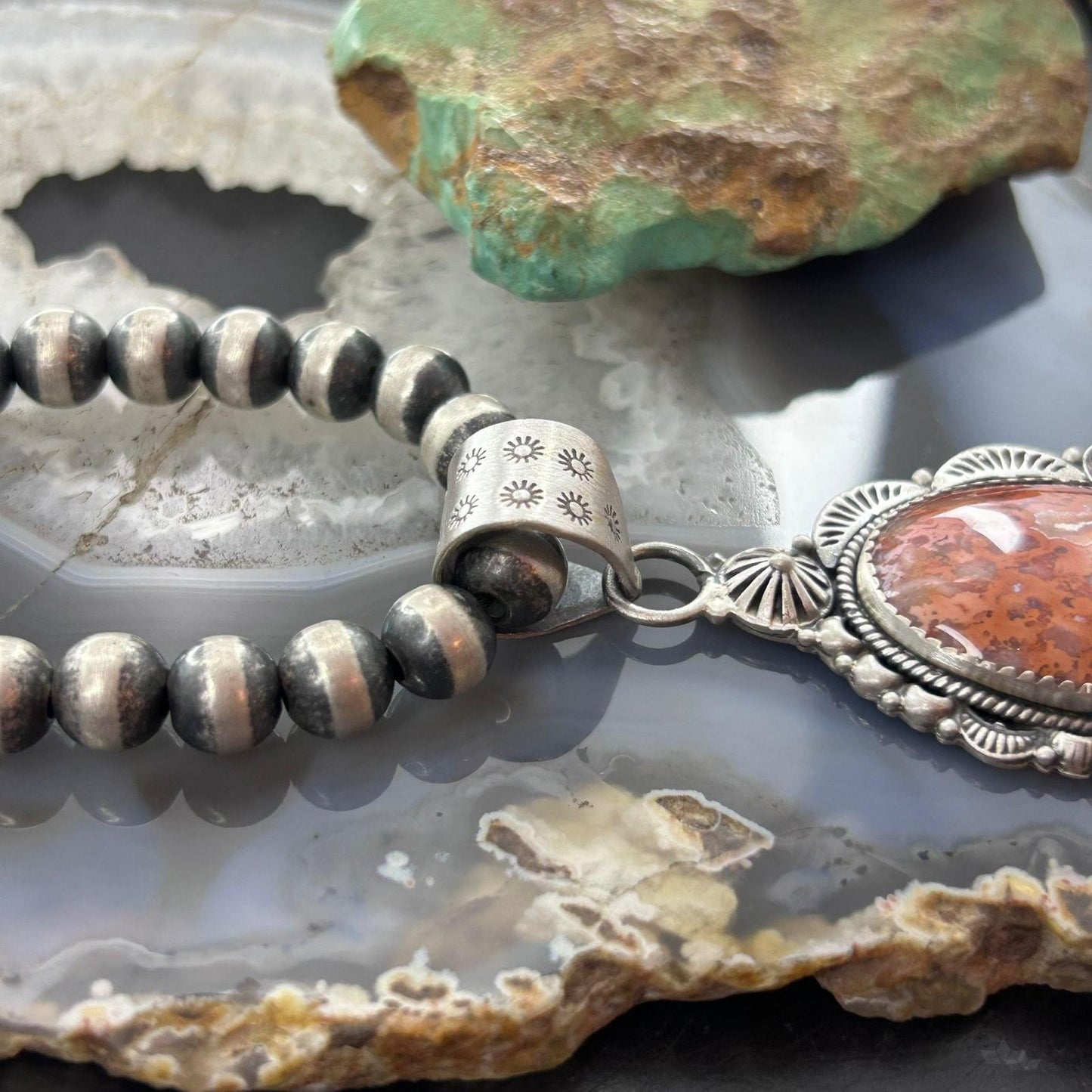 Sterling Silver Southwestern Style Oval Red Plum Jasper Decorated Pendant For Women