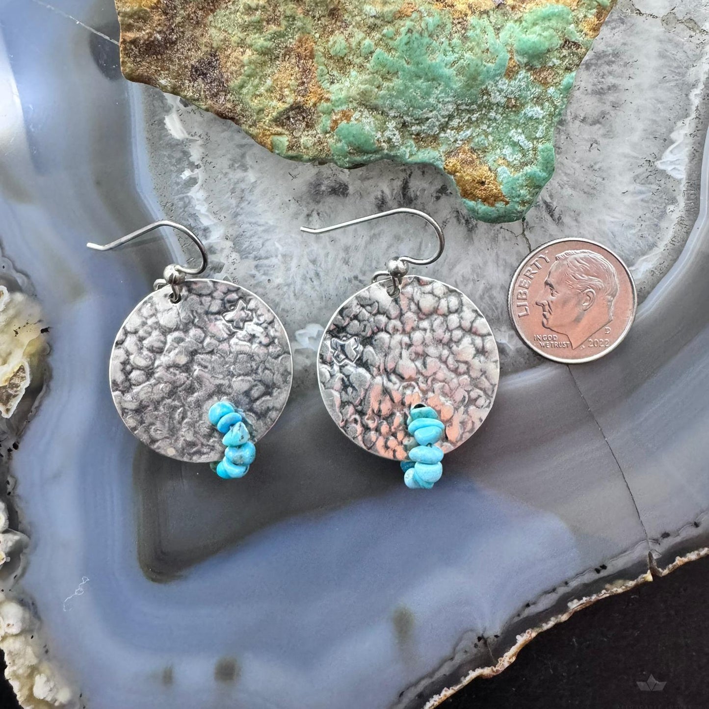 Carolyn Pollack Sterling Silver Hammered Disk With Turquoise Beads Dangle Earrings For Women