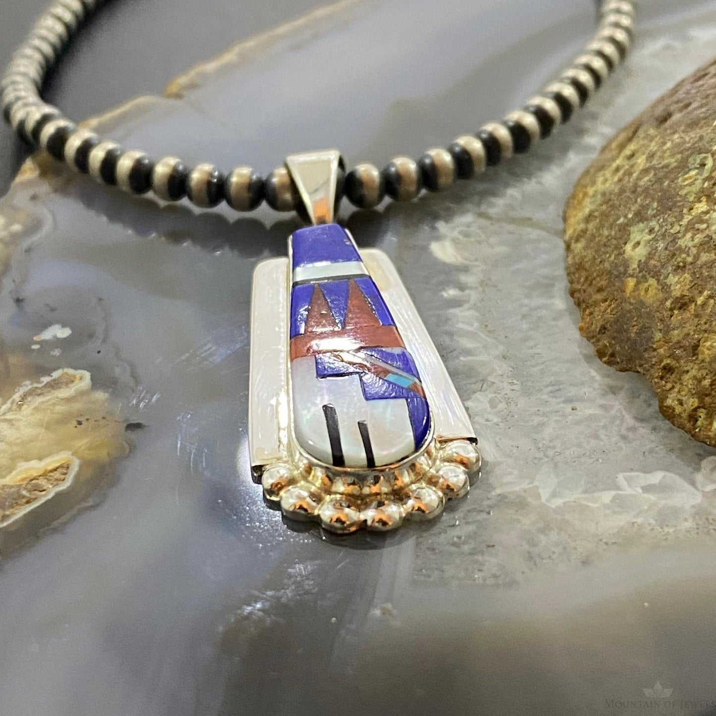 Raylan & Patty Edaakie Zuni Sterling Silver Lapis & MOP Inlay Pendant For Women