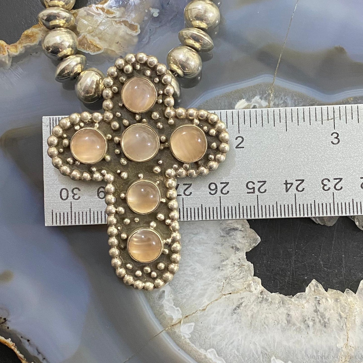 Christin Wolf Sterling Silver Moon Stone Cross With Navajo Beads Necklace 20"