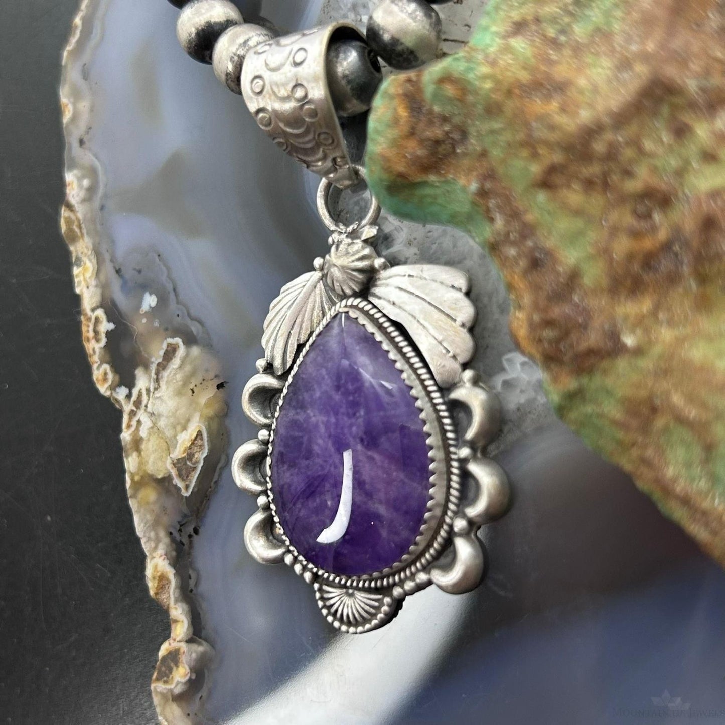 Sterling Silver Southwestern Style Teardrop Charoite Decorated Pendant For Women
