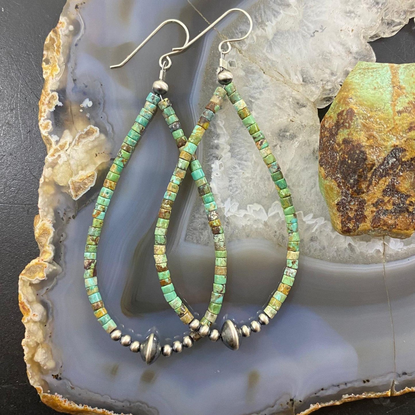 Sterling Silver Green Turquoise Beads & Navajo Pearl Beads Hoop Dangle Earrings