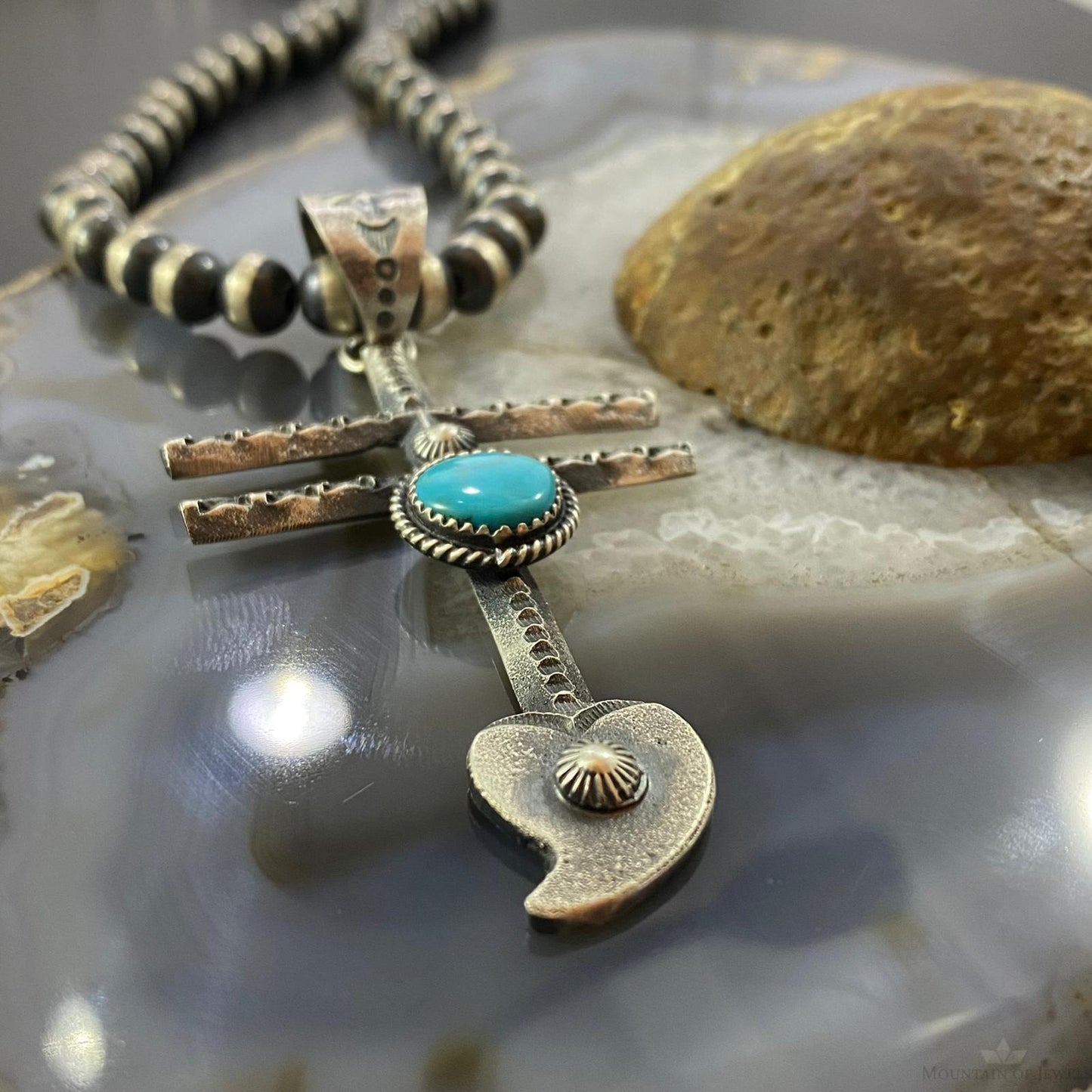 Kevin Billah Native American Sterling Silver Turquoise Native Cross w/Heart Unisex Pendant
