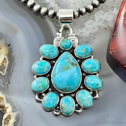 Sterling Silver Southwestern Style Mohave Turquoise Cluster Pendant For Women #1