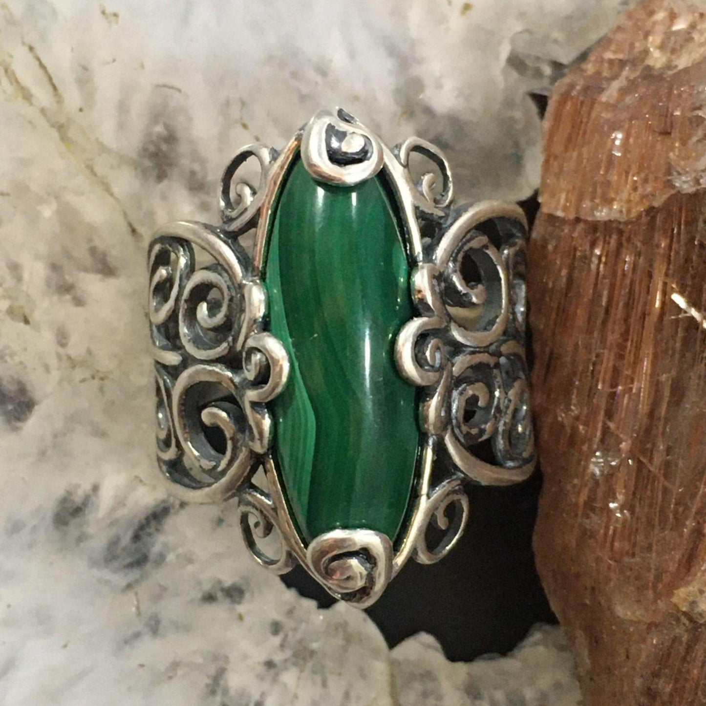 Carolyn Pollack Sterling Silver Marquise Malachite Decorated Ring For Women