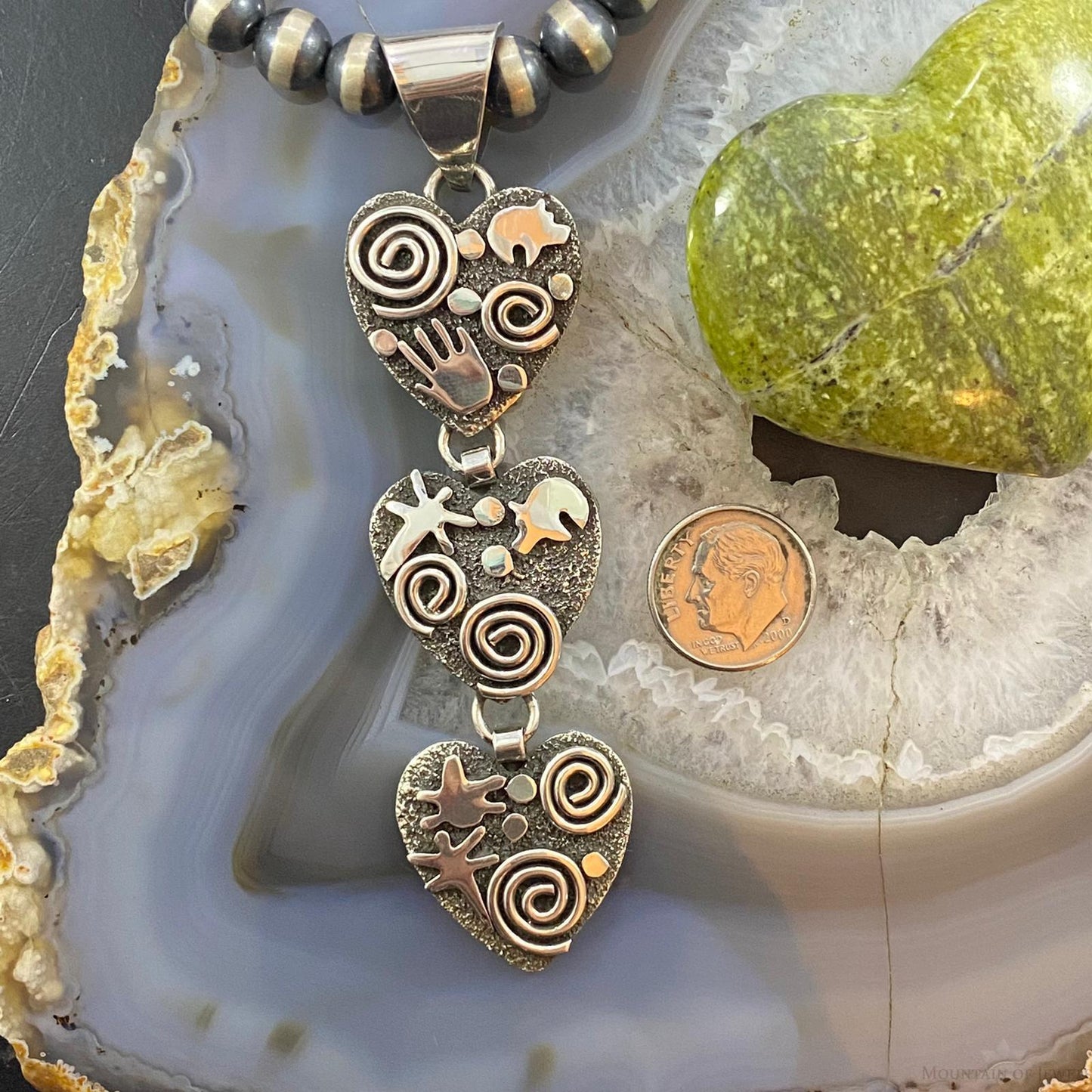 Alex Sanchez Native American Sterling Silver Petroglyph Triple Heart Pendant For Women