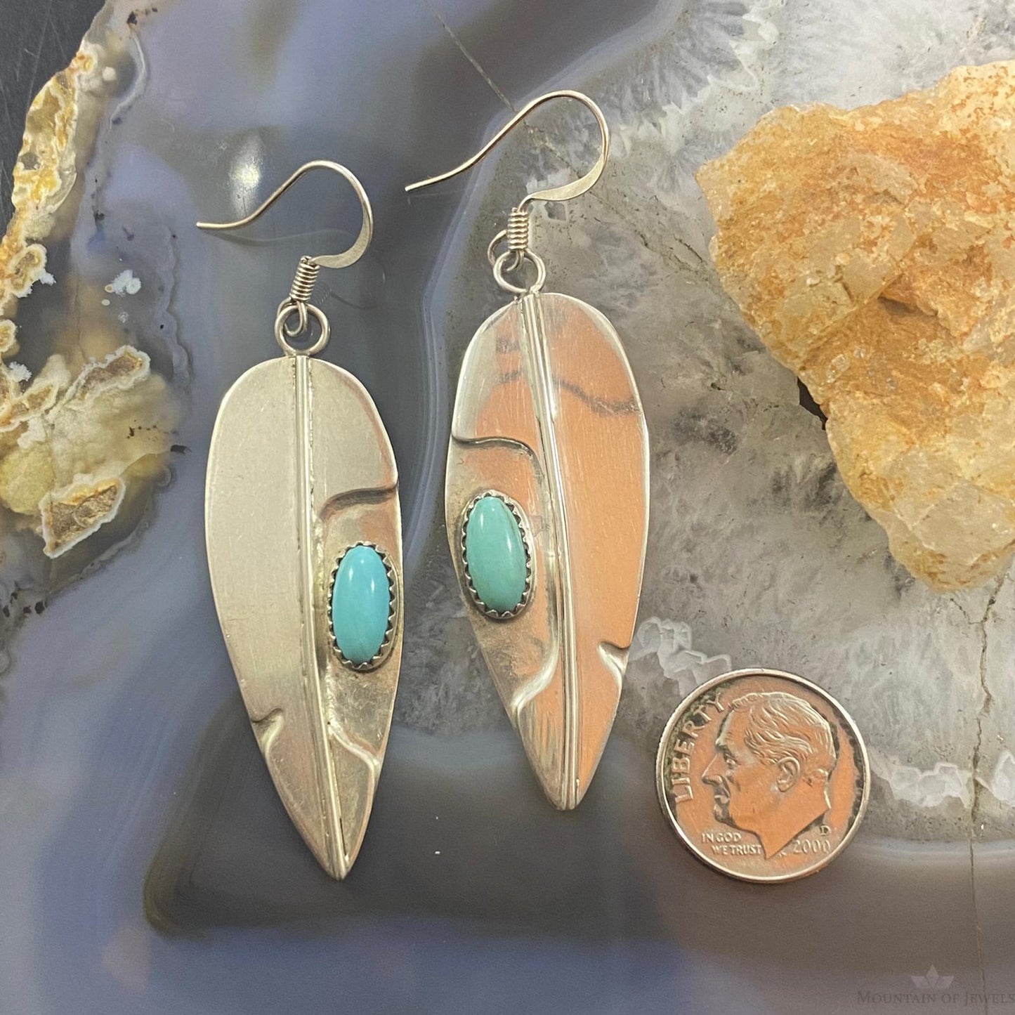 Signed Native American Sterling Silver Leaf Turquoise Dangle Earrings For Women