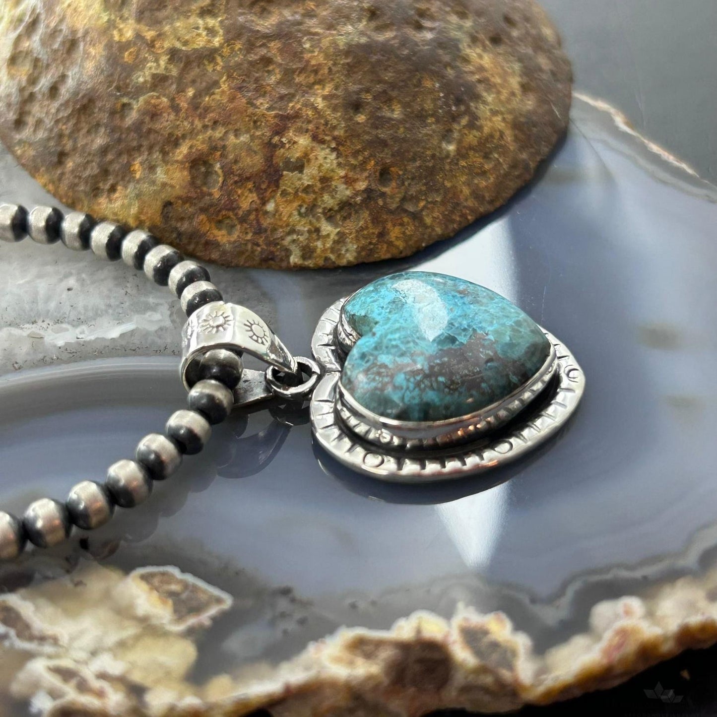 Sterling Silver Southwestern Style Chrysocolla Decorated Heart Pendant For Women