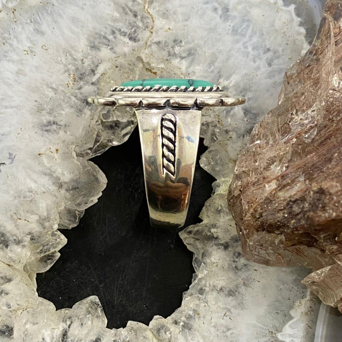 Carolyn Pollack Southwestern Style Sterling Silver Elongated Oval Turquoise Decorated Ring For Women
