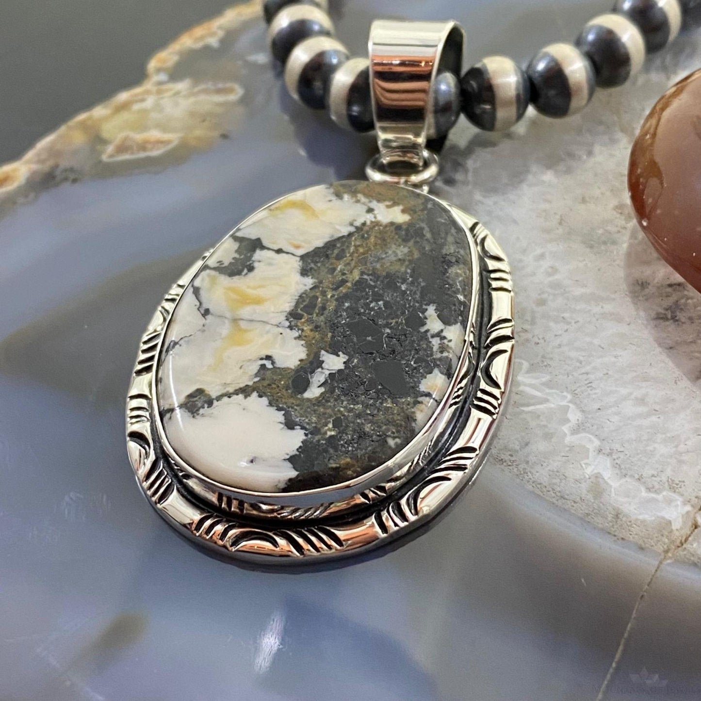 Native American Sterling Silver Oval White Buffalo Unisex Pendant