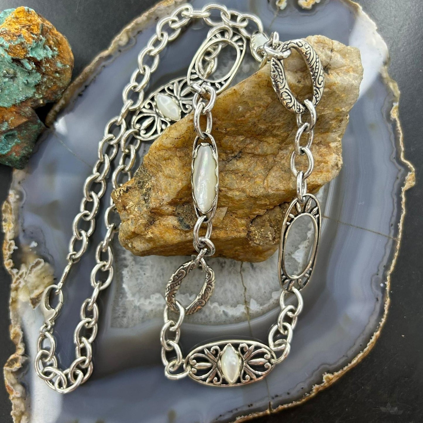 Carolyn Pollack Vintage Sterling Mother Of Pearl Chain Link Necklace For Women