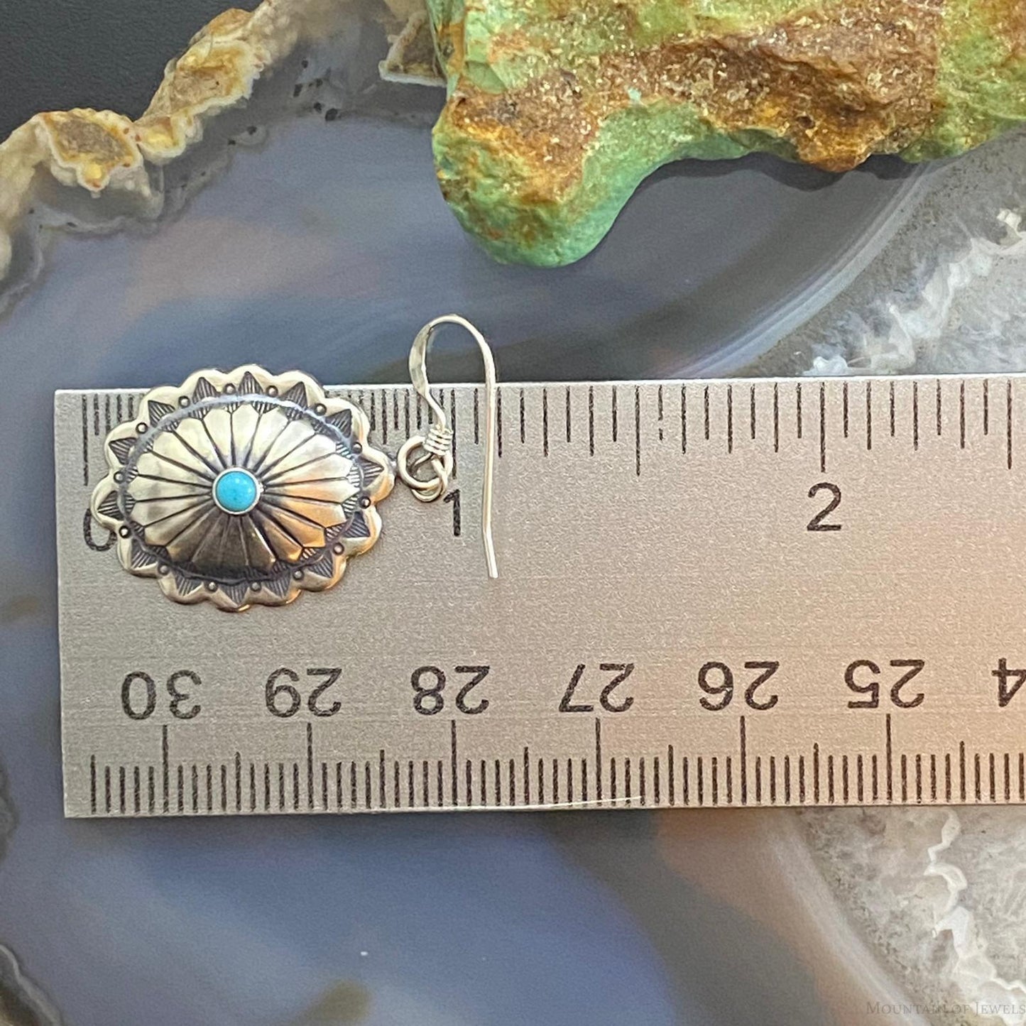 Native American Sterling Silver Turquoise Dot Stamped Concho Dangle Earrings For Women