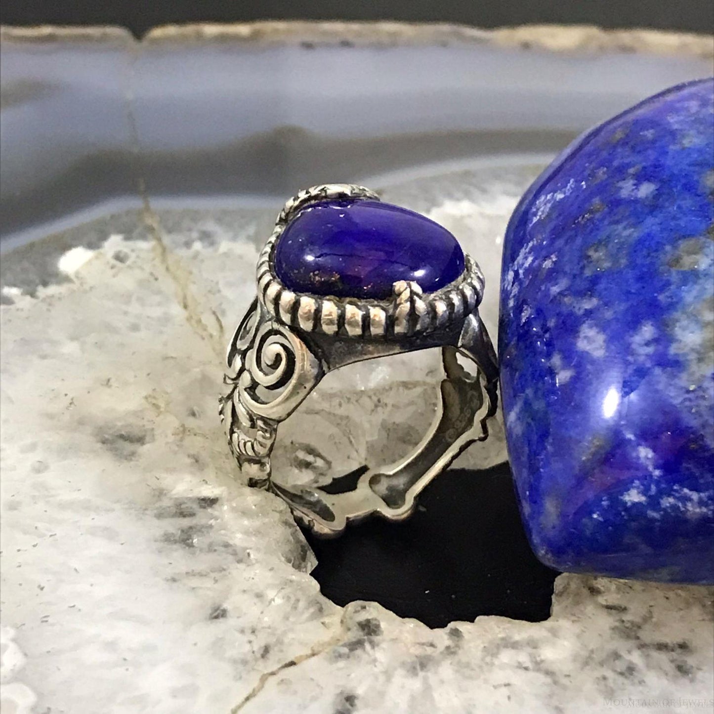 Carolyn Pollack Sterling Silver Wide Pear Lapis Decorated Ring Size 6.5 For Women