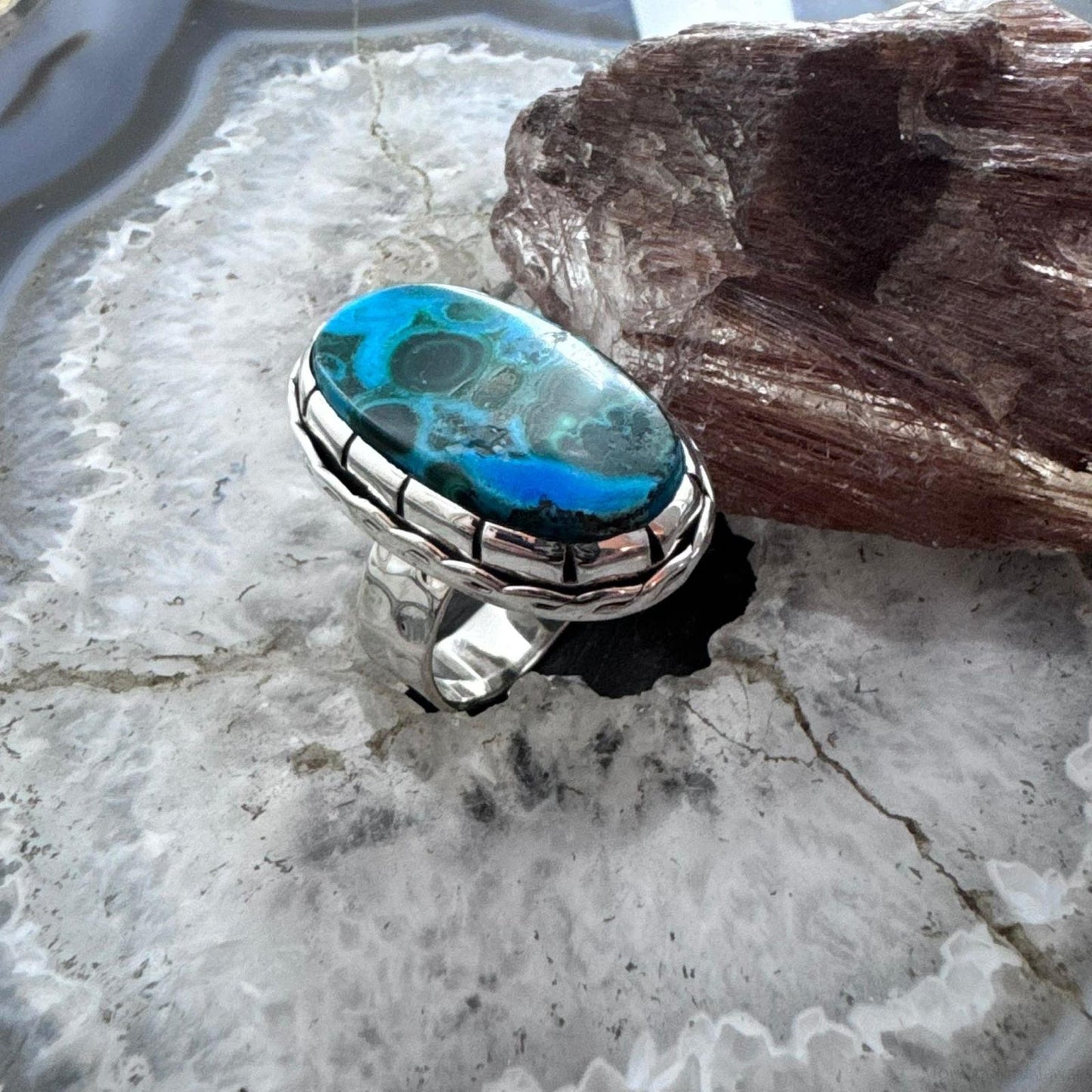 Sterling Silver Southwestern Style Elongated Oval Malachite Azurite Ring Size 9.5 For Women