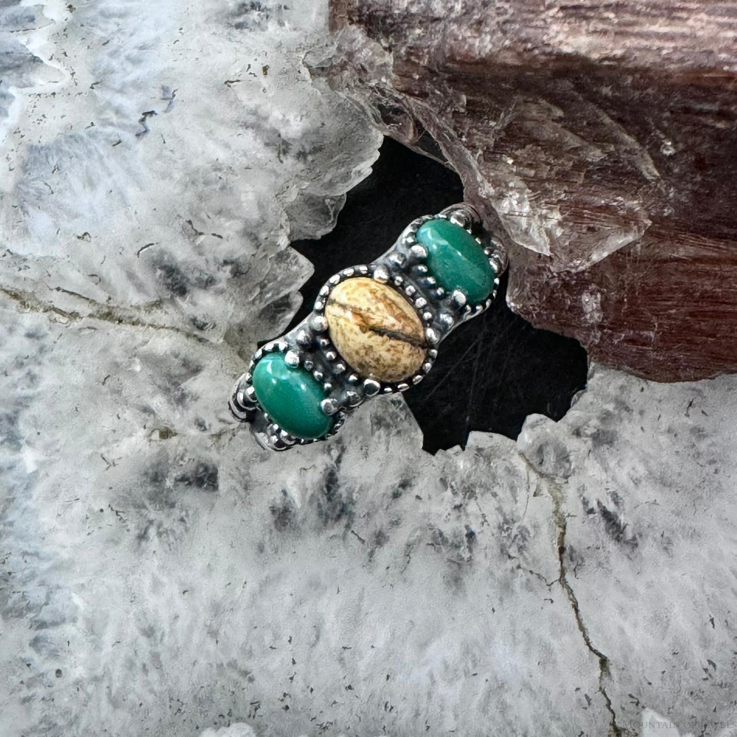 Carolyn Pollack Sterling Silver Oval Picture Jasper & 2 Green Turquoise Ring For Women