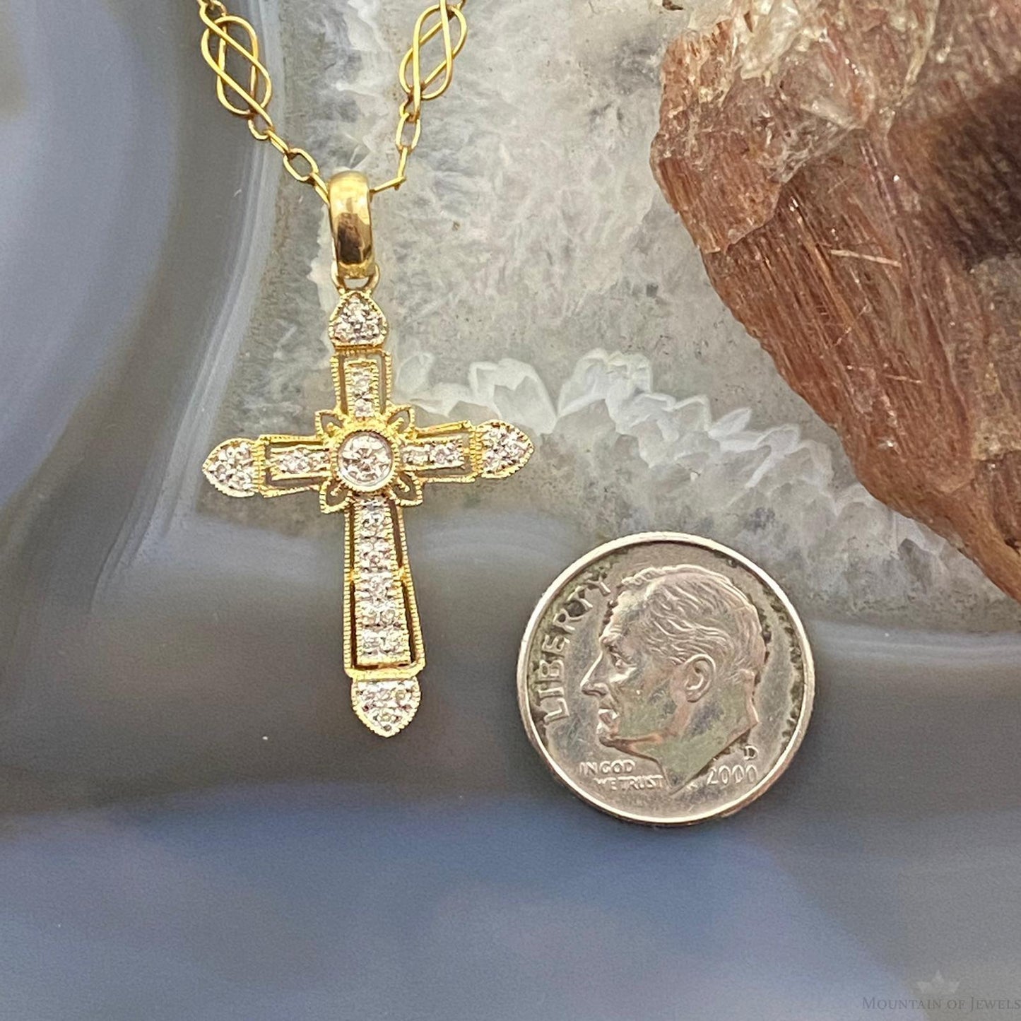 14K Two Tone Yellow & Rose Gold w/Diamonds Cross Pendant For Women