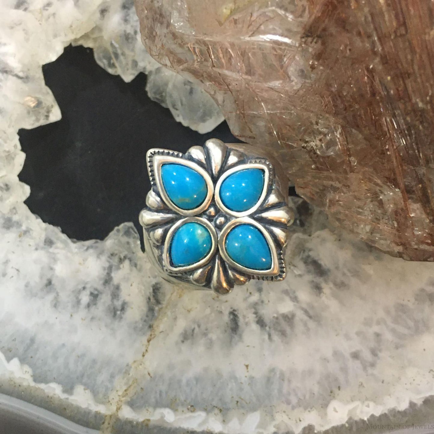 Carolyn Pollack Southwestern Style Sterling Silver 4 Sleeping Beauty Turquoise Cluster Ring For Women