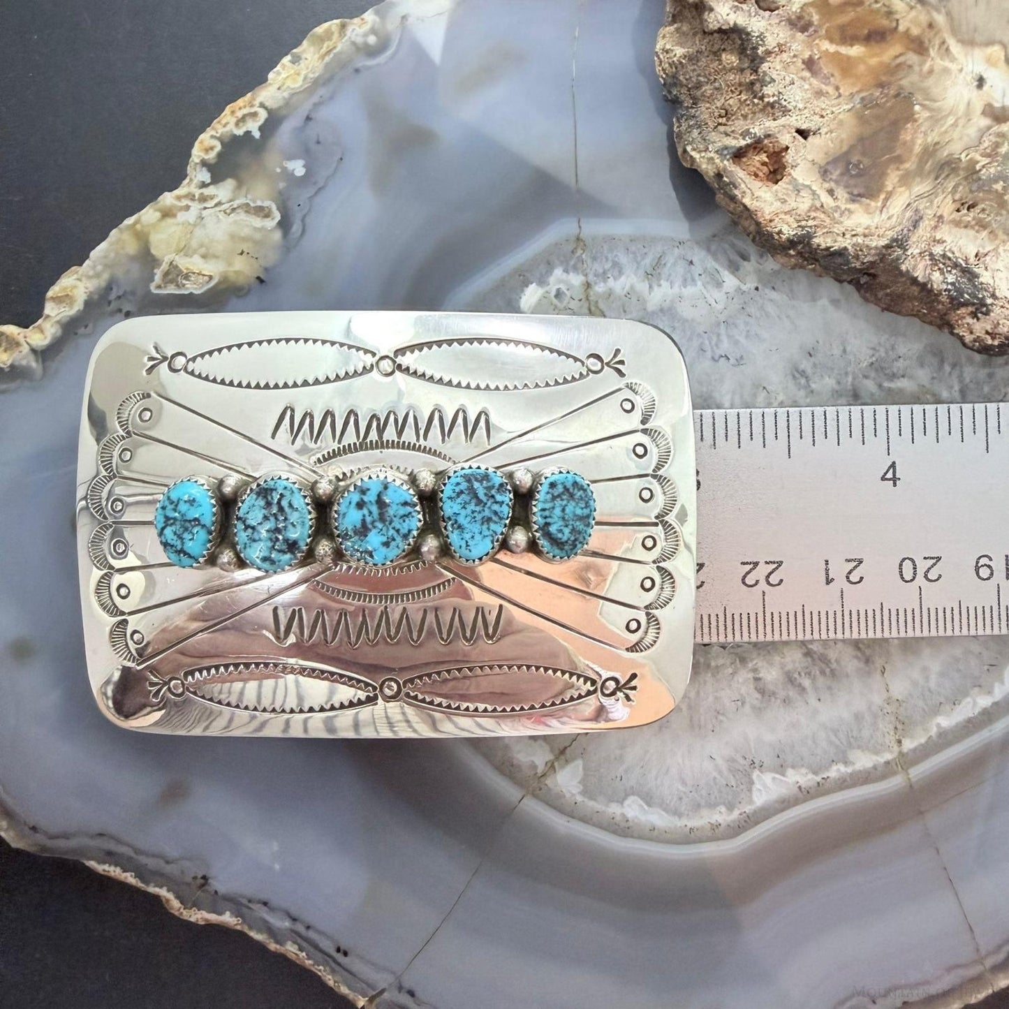 Joann Begay Native American Sterling Silver 5 Turquoise Stamped Belt Buckle For Men