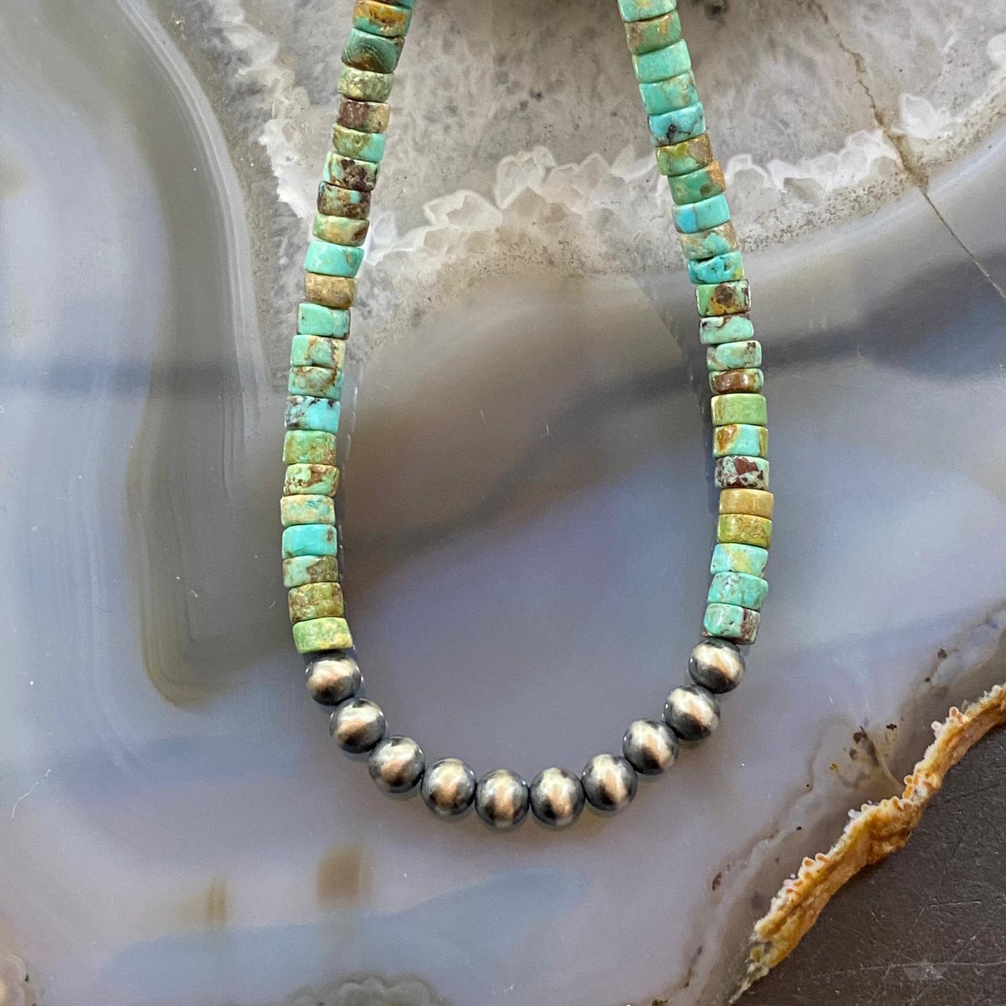Turquoise Beads w/10 Navajo Pearl Beads 4 mm Sterling Silver 18" Unisex Necklace