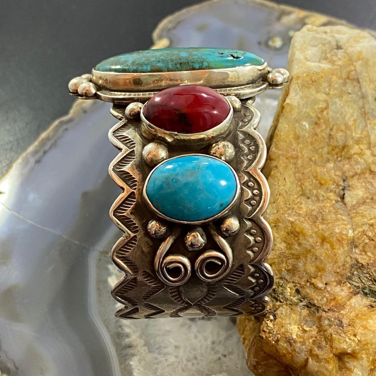 Signed Native American Sterling Silver Turquoise &Apple Coral Decorated Bracelet