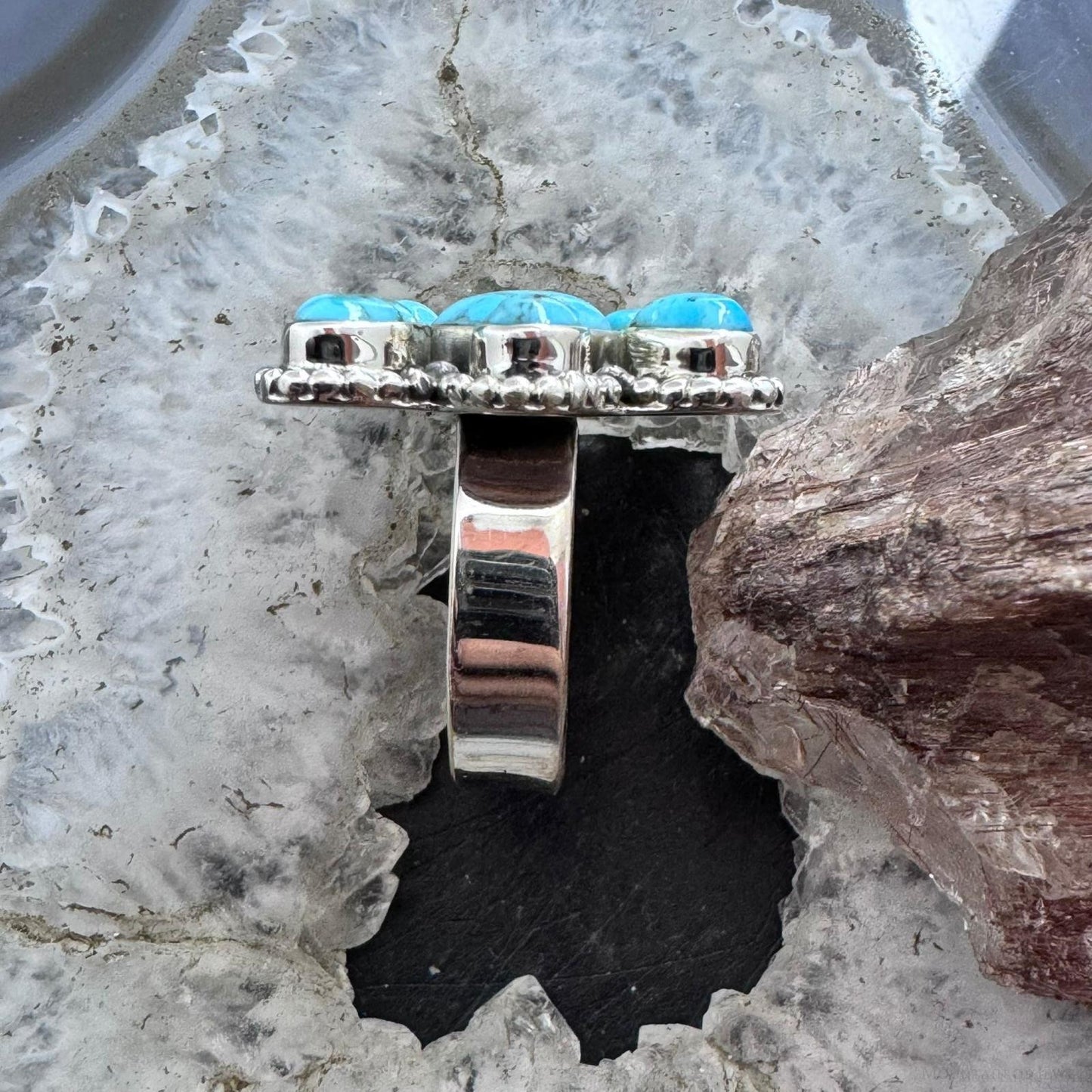 Sterling Silver Southwestern Style Composite Turquoise Cluster Adjustable Ring For Women