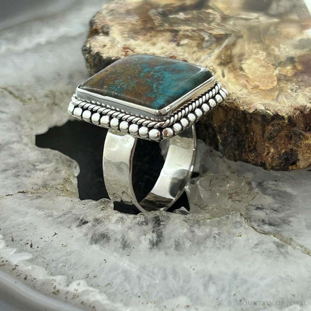 Sterling Silver Southwestern Style Chrysocolla Decorated Bar Ring Size 7.5 For Women