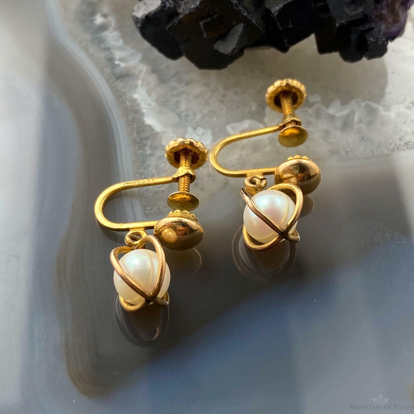 14K Yellow Gold Screw Back Pearl Stud Earrings For Women
