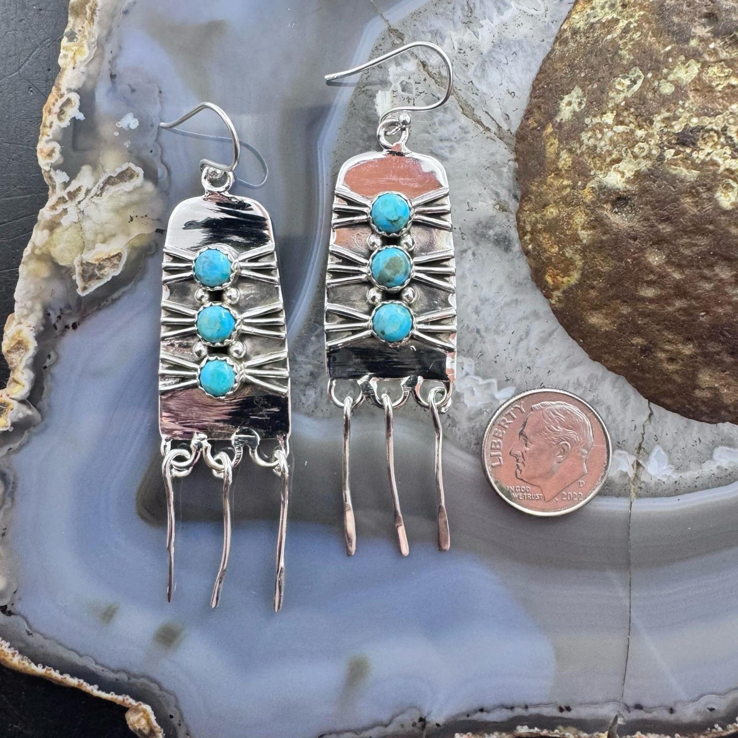 Sterling Silver Southwestern Style 3 Rounded Turquoise Tassel Dangle Earrings For Women