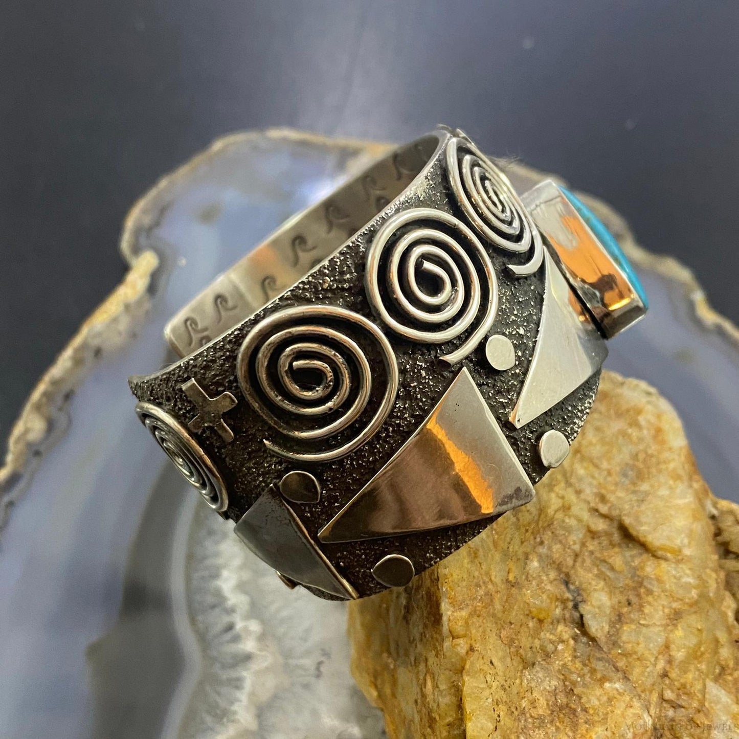 Alex Sanchez Native American Sterling Silver Petroglyph Turquoise Wide Bracelet