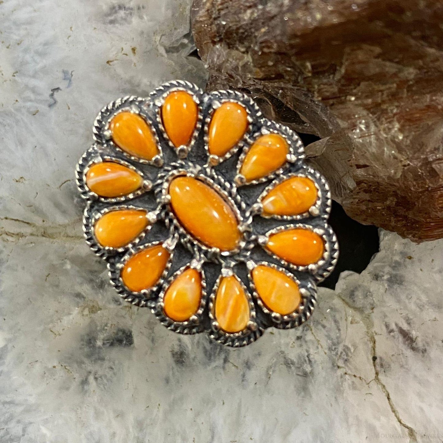 Carolyn Pollack Southwestern Style Sterling Silver Orange Spiny Oyster Decorated Cluster Ring For Women