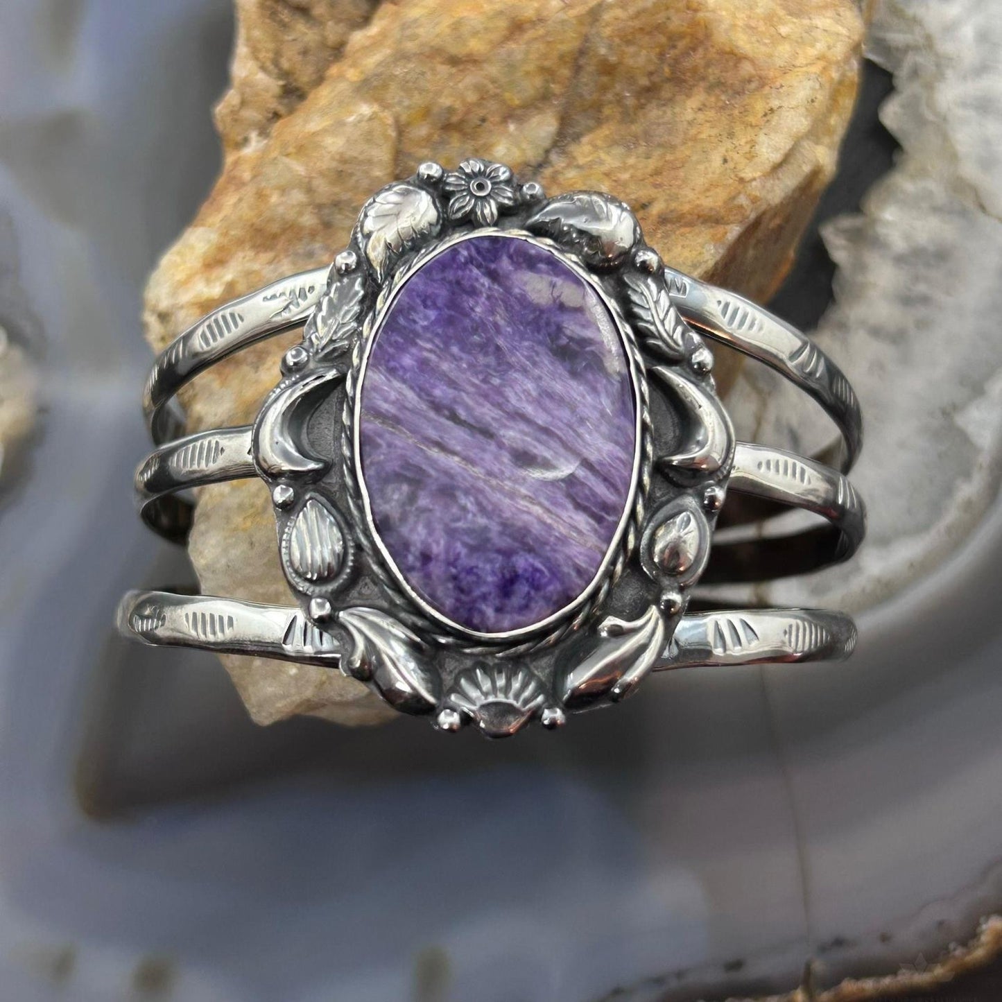 Sterling Silver Southwestern Style Large Oval Charoite Decorated Bracelet For Women