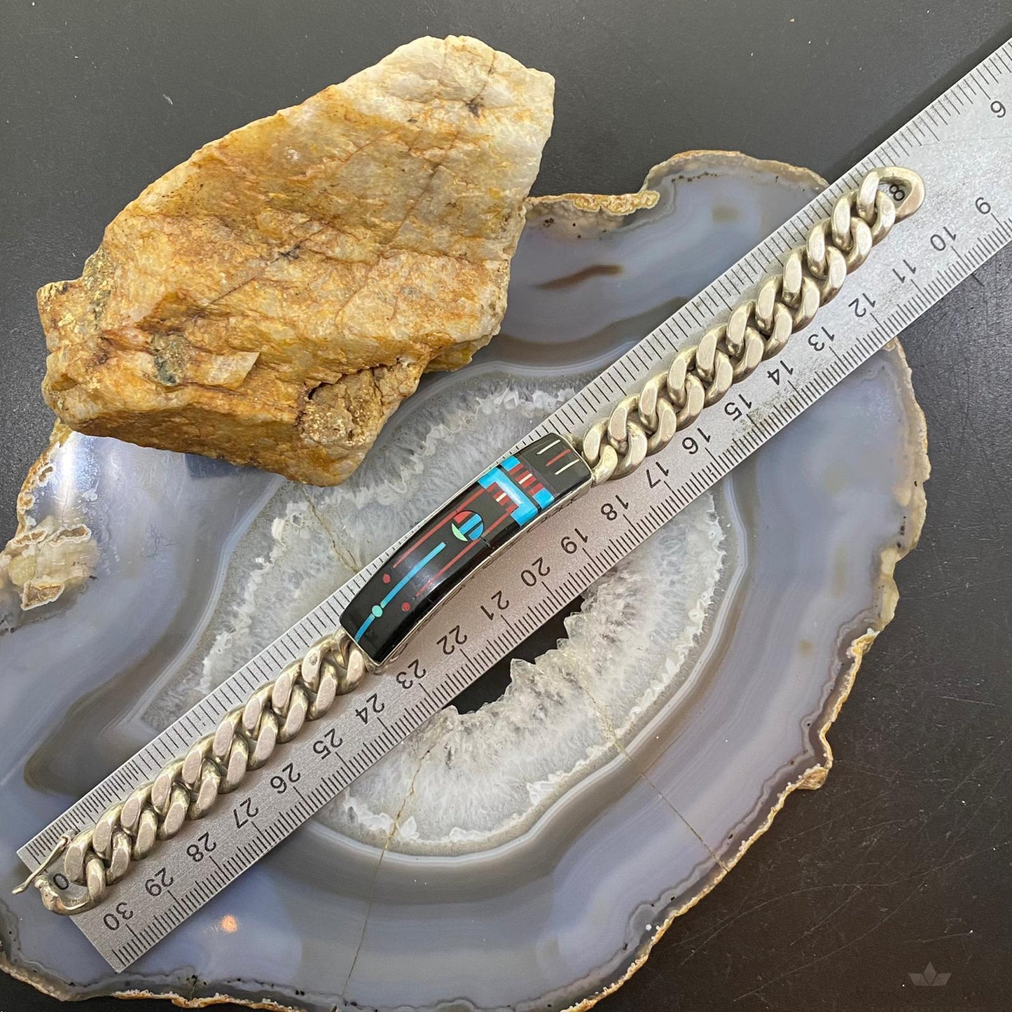 Signed Vintage Native American Silver Multi Stone Inlay Tennis Bracelet For Men