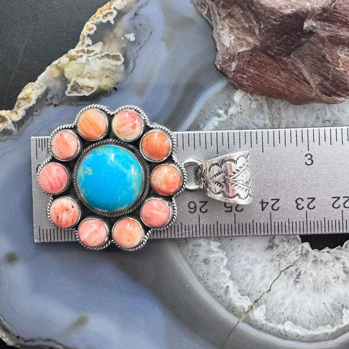 Native American Sterling Silver Turquoise & Orange Spiny Oyster Cluster Pendant For Women