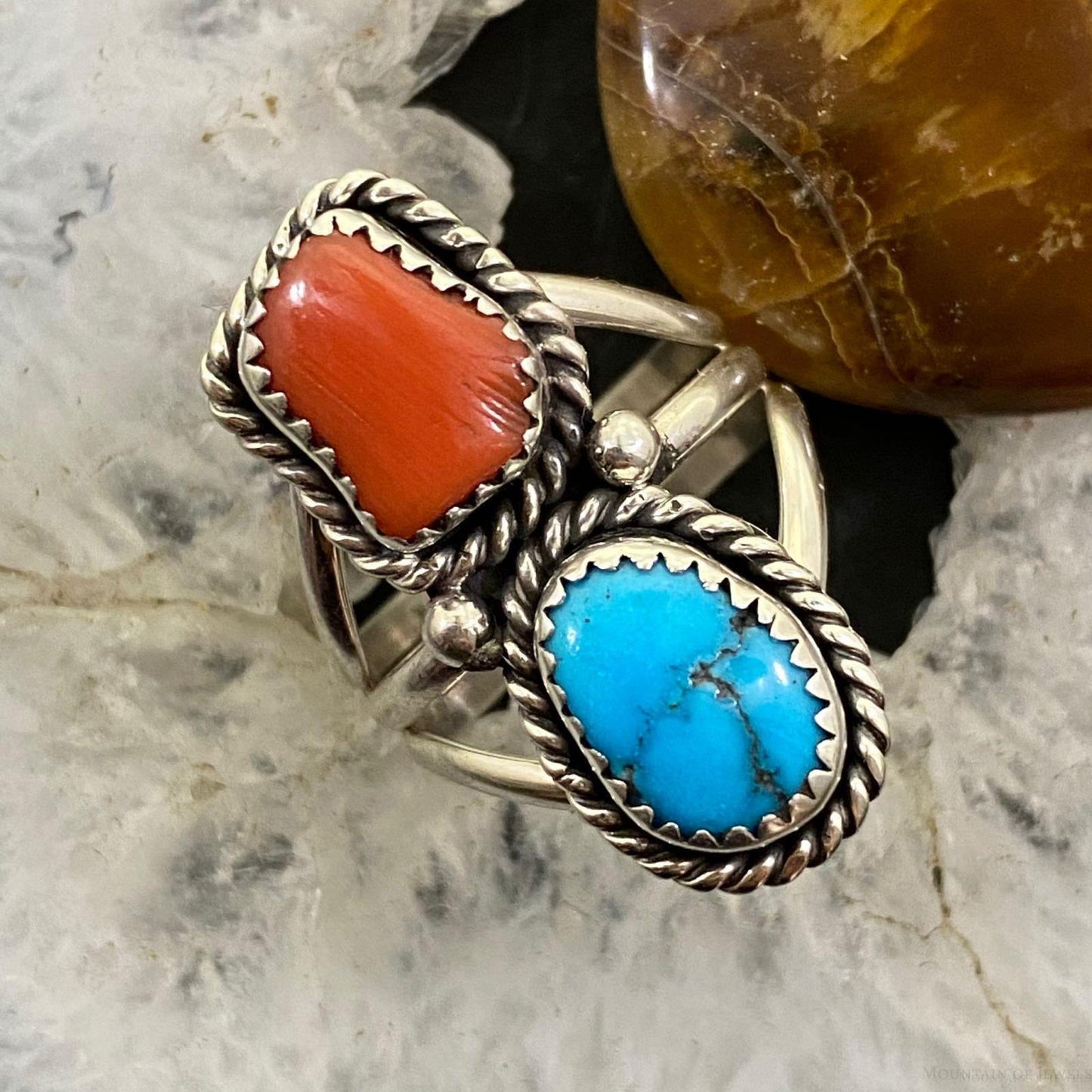 Native American Sterling Silver Turquoise & Coral Ring Size 8.25 For Women