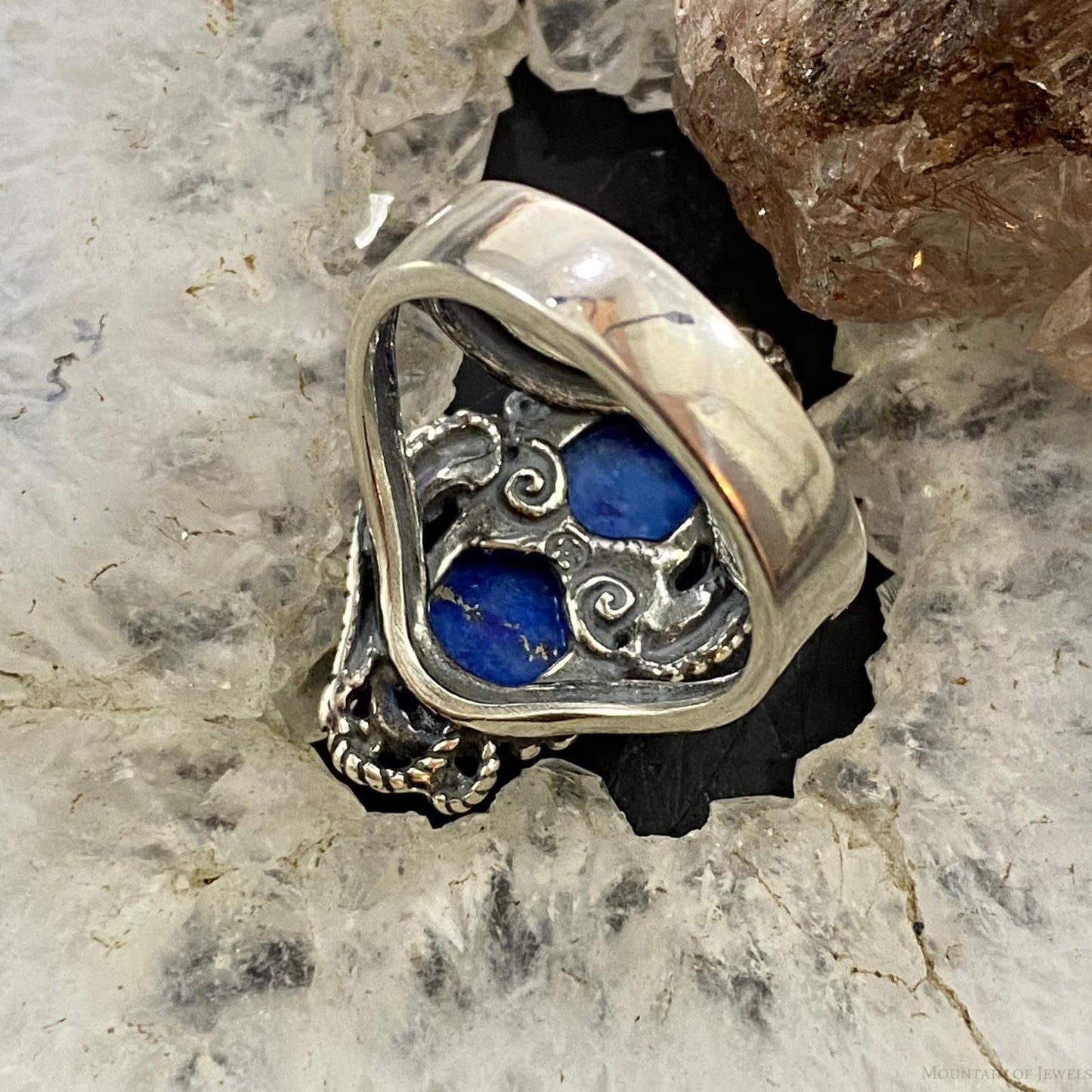 Carolyn Pollack Southwestern Style Sterling Silver Marquise Denim Lapis Decorated Ring For Women, Variety of Sizes