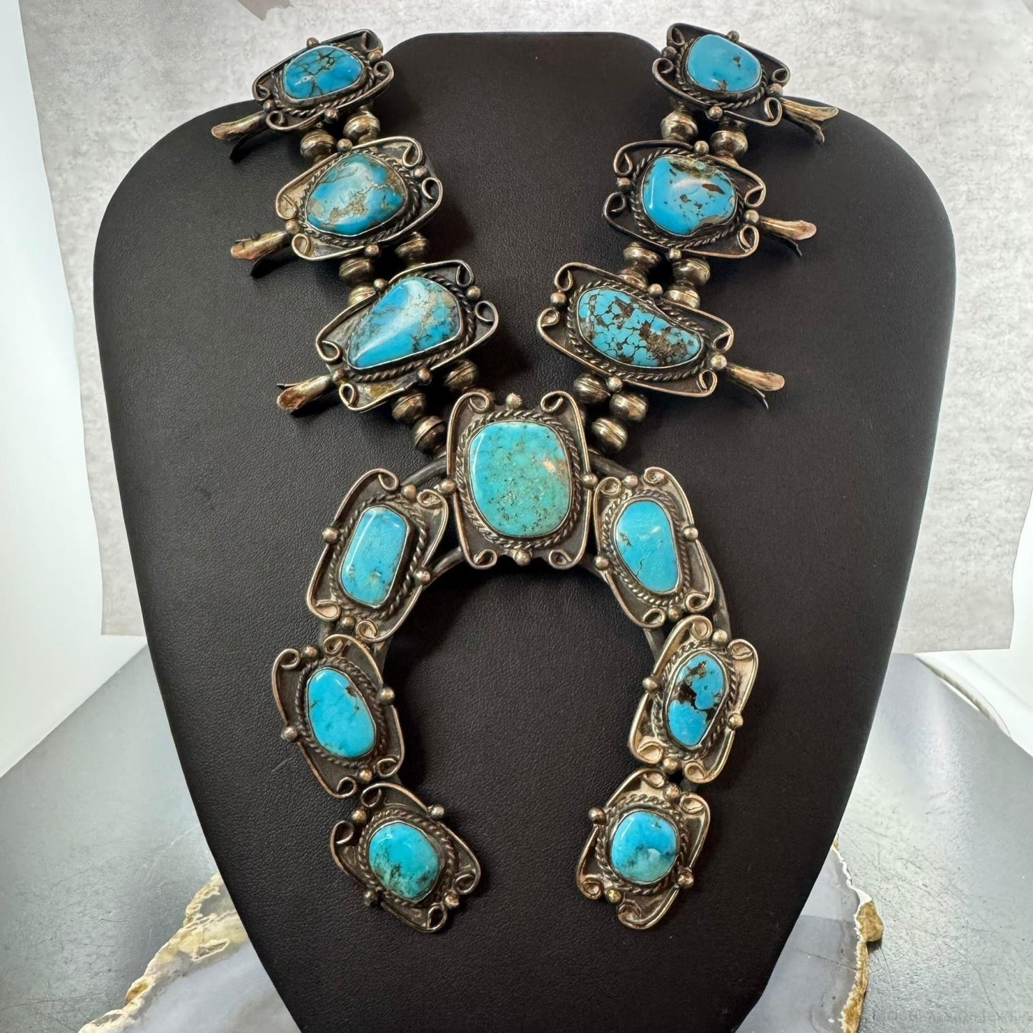 Vintage Native American Silver Matrix Turquoise 24" Squash Blossom Necklace For Women
