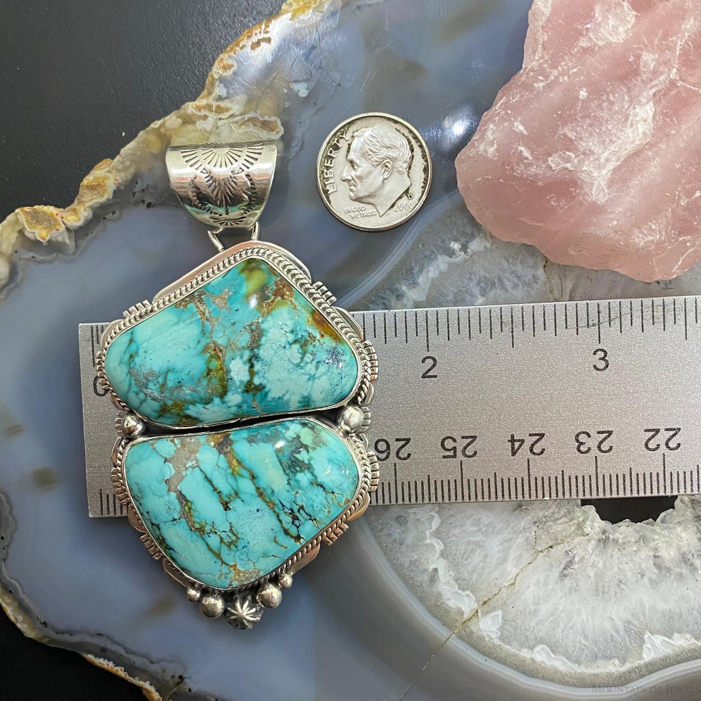 Signed Native American Sterling Silver Chunky Turquoise Unisex Pendant