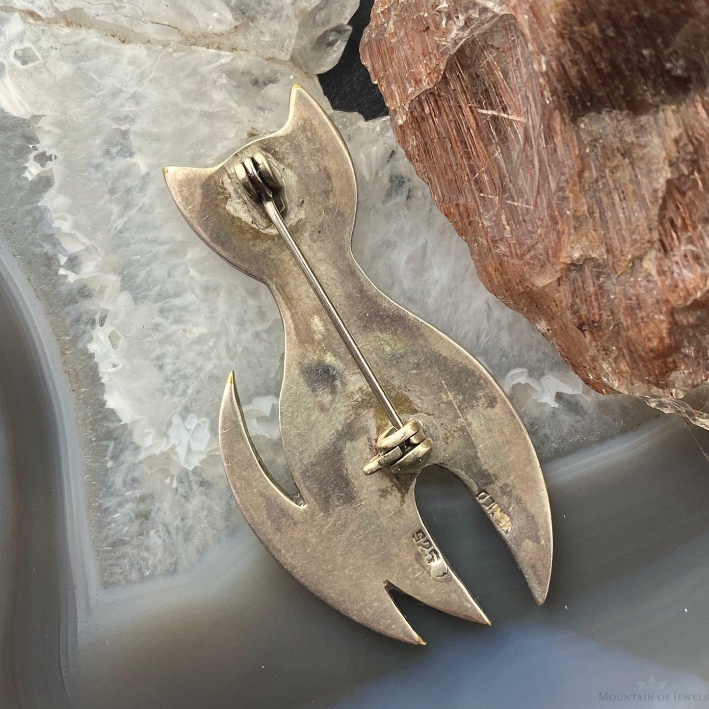 Sterling Silver Chip Inlay Cat Brooch, Made In Mexico