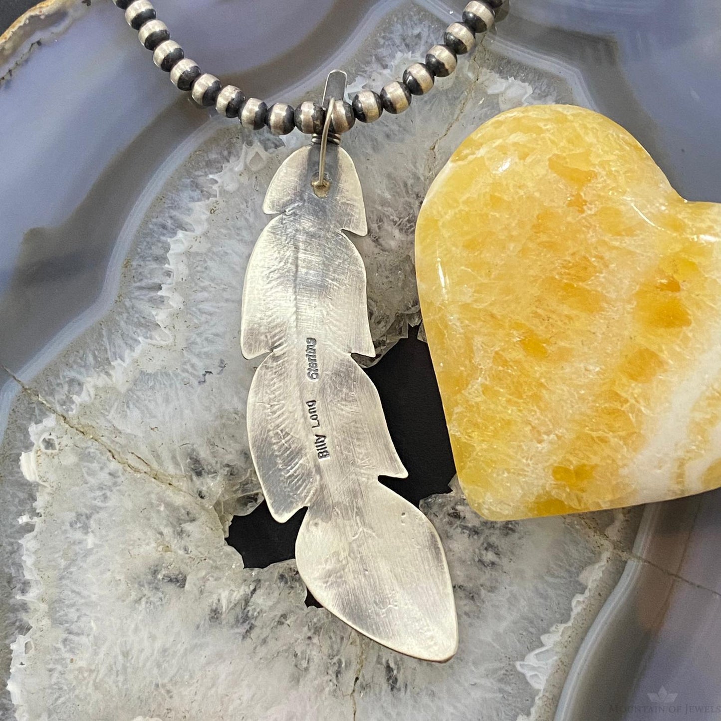 Billy Long Sterling Silver Oxidized Feather w/Turquoise Unisex Pendant Necklace