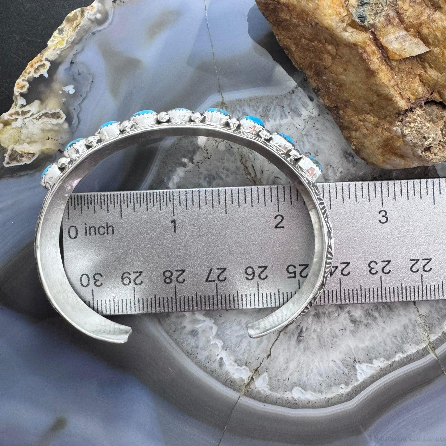 Grace Silver Native American Sterling Single Row 9 Oval Kingman Turquoise Bracelet For Women