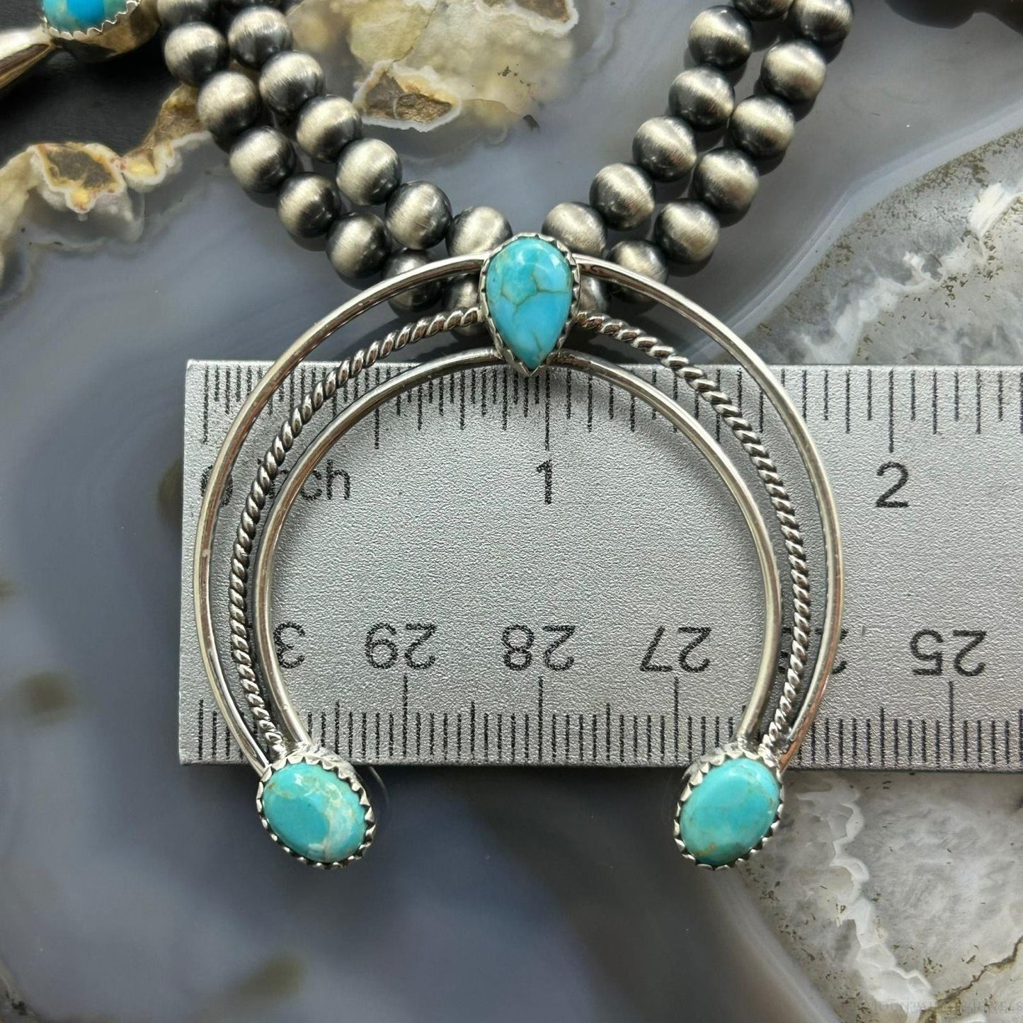Sterling Silver Southwestern Style Turquoise Squash Blossom Necklace For Women