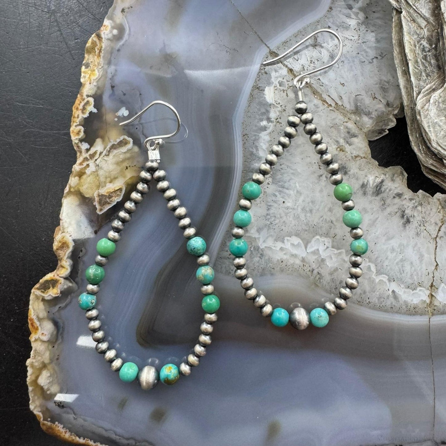 Sterling Silver 3-5mm Navajo Pearl Southwester Style & 4.5mm Turquoise Bead Hoop Earrings For Women