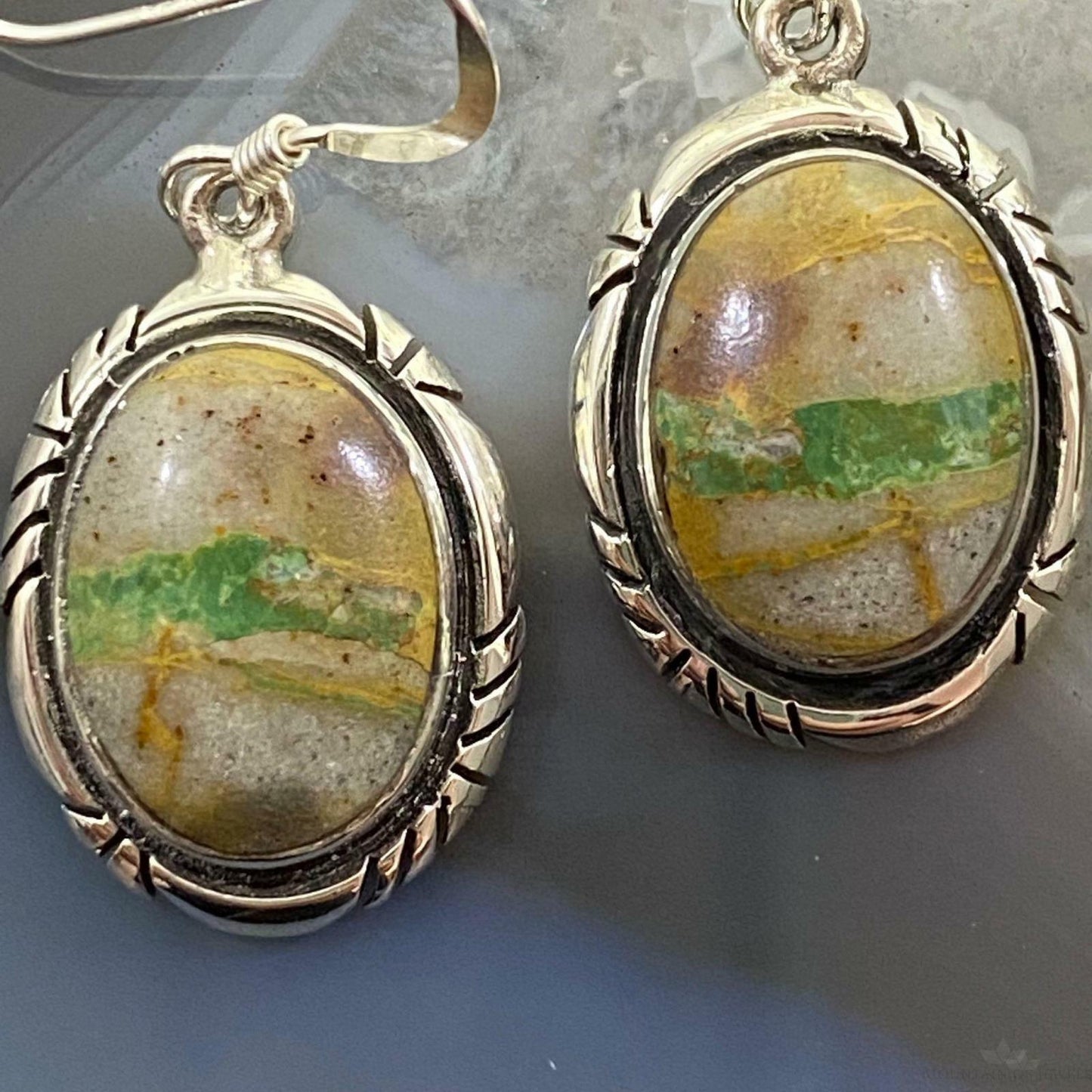 Native American Sterling Silver Oval Boulder Ribbon Turquoise Dangle Earrings
