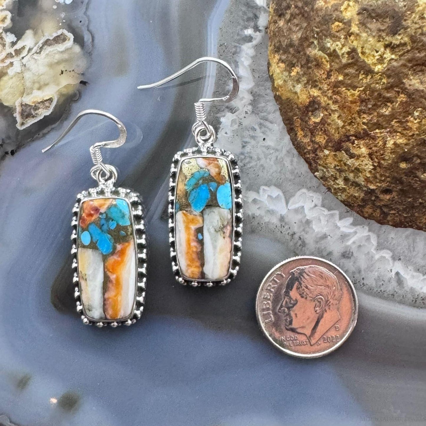 Sterling Silver Southwestern Style Rectangle Spiny & Turquoise Dangle Earrings For Women