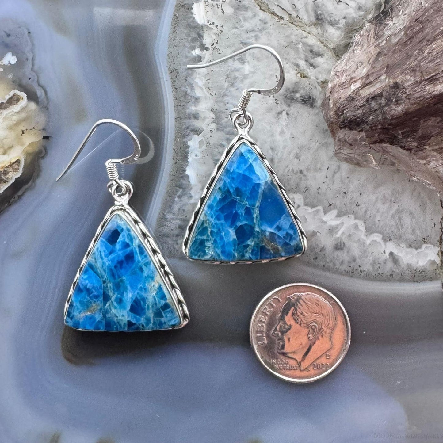 Sterling Silver Southwestern Style Triangle Blue Apatite Dangle Earrings For Women