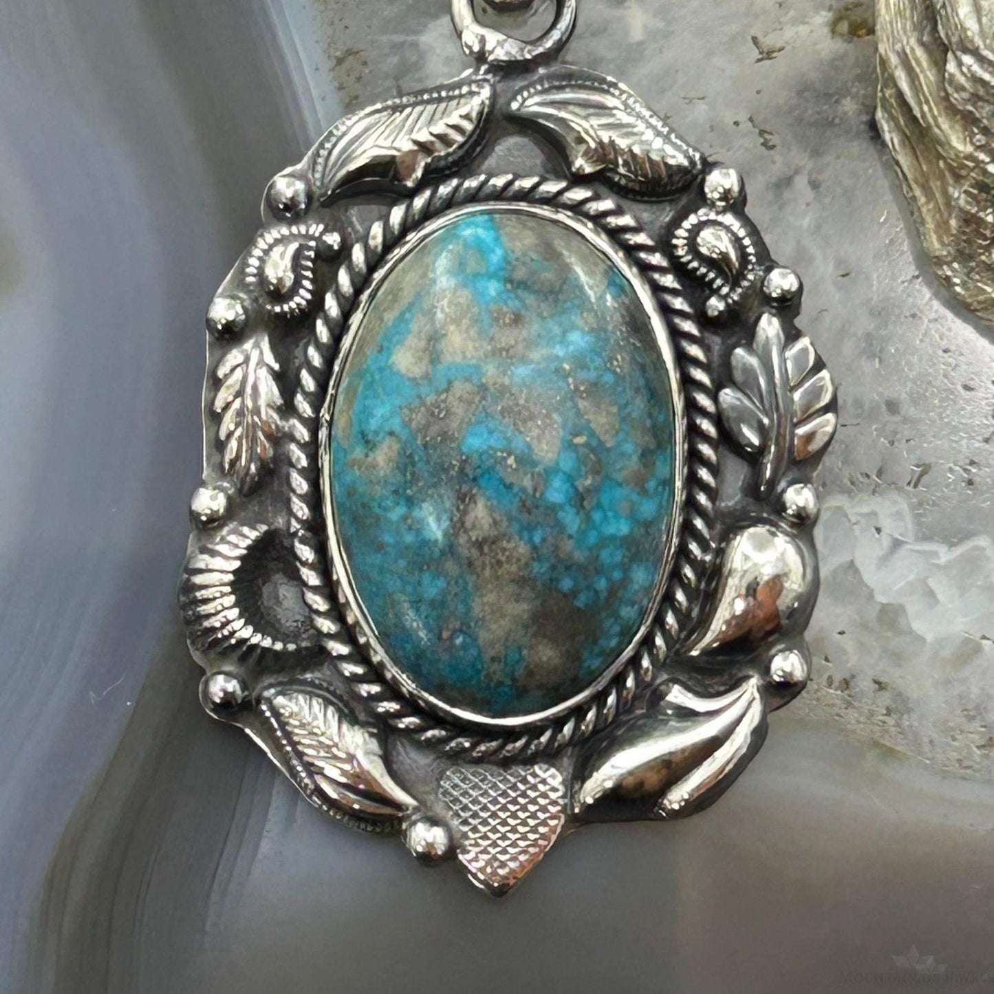 Sterling Silver Southwestern Style Oval Turquoise Decorated Pendant For Women