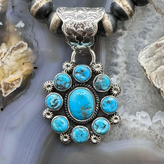 Native American Sterling Silver 9 Natural Turquoise Cluster Pendant For Women