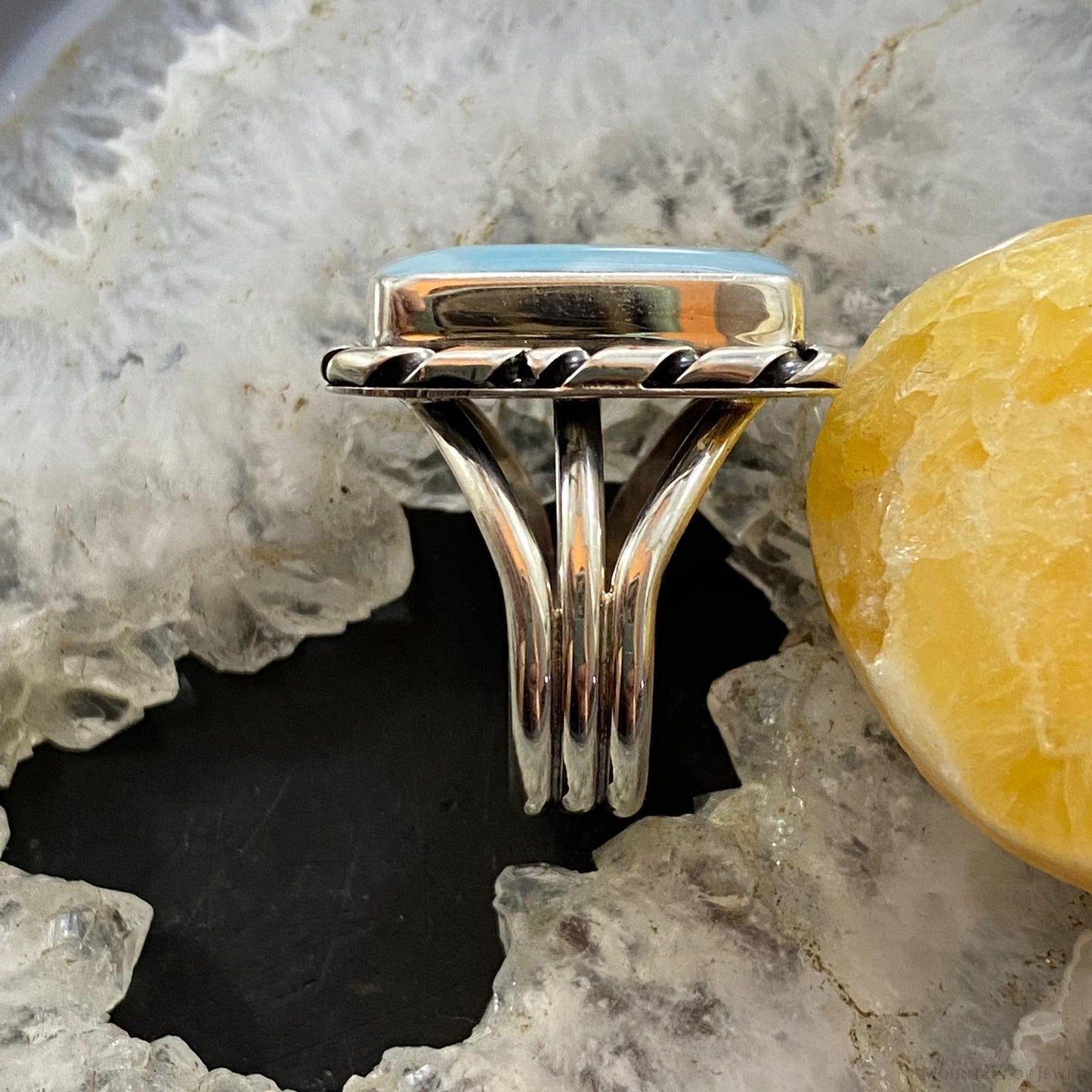Native American Sterling Silver Larimar Rectangle Bar Ring Size 8.5 For Women