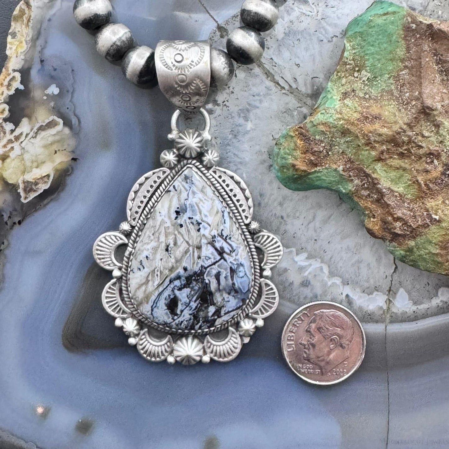 Sterling Silver Southwestern Style Wide Teardrop Dendritic Agate Decorated Pendant For Women