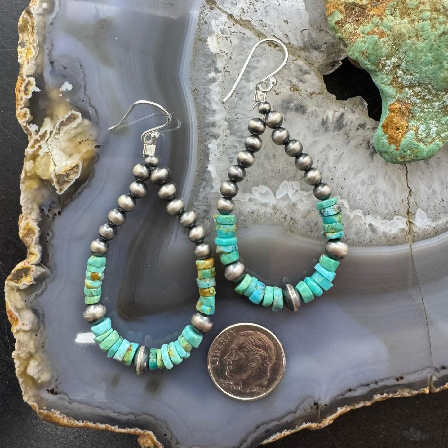 Sterling 4-6mm Navajo Pearl Southwester Style & 5mm Turquoise Bead Hoop Earrings For Women